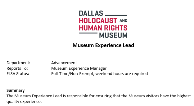 Newly listed: Full time Museum Experience Lead position at <a href="/dhhrm_org/">Dallas Holocaust and Human Rights Museum</a>.

No salary info 😒

#SalaryCloaking: They know what they have budgeted but hope you will lowball yourself when asked your desired salary, saving them $.

<a href="/TexasMuseums/">TAM</a> <a href="/AMTransparency/">Art + Museum Transparency</a>