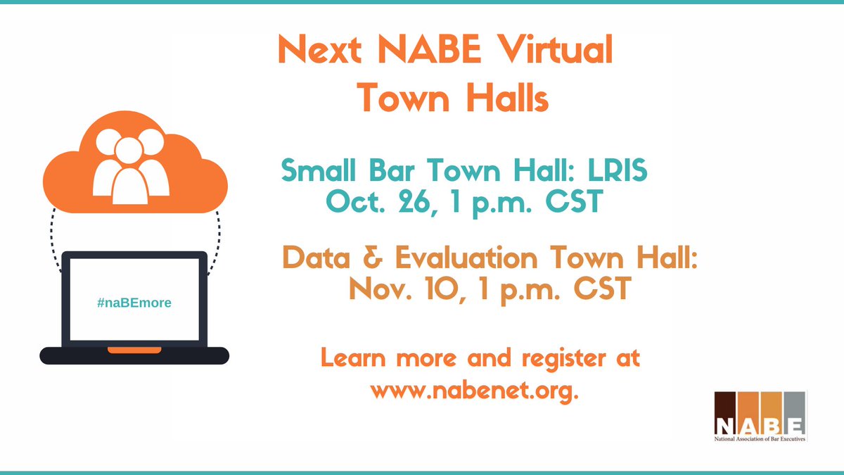 NABE_News's tweet photo. Don't miss our Small Bar Town Hall on Monday, where we will discuss lawyer referral programs. Our newly formed Data &amp; Evaluation community will host its first town hall on November 10. Register online at https://t.co/BxX7S4vE3C #naBEconnected #nabeknowledge #naBEmore https://t.co/WIXV29r9Ld