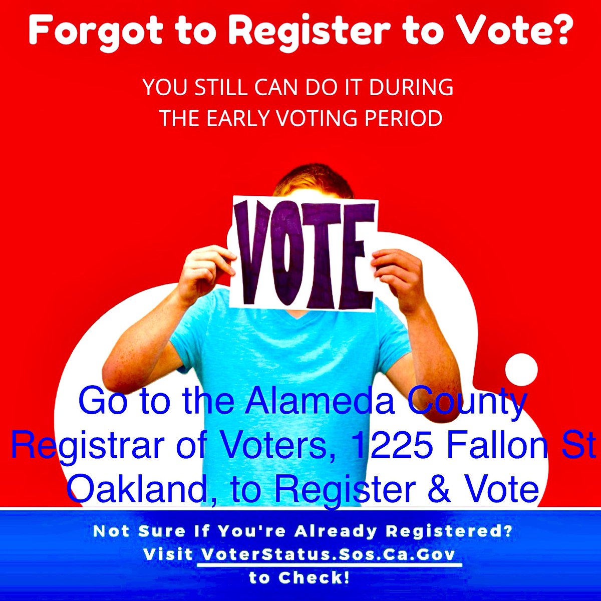 jeanquan's tweet photo. #Californians forgot to #registertovote or update #voterregistration? Go to #registrarofvoters offices & #vote #conditionally thru #ElectionDay , Nov3
#Oaklanders & other county residents must go to
Alameda Registrar
1225 Fallon St
Oakland https://t.co/IgqIsI6ynX #weloveoakland https://t.co/IoBXxFfh4N