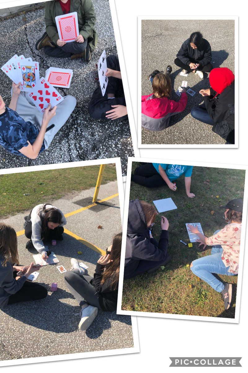 Taking advantage of the beautiful October weather to take our Friday math games outside! A student made twist on Target 75 and a classic, multiplication war! #AlexLawson #LKDSB