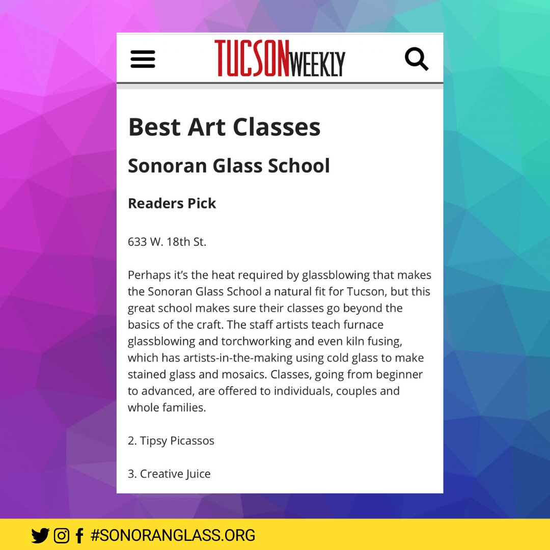 Wow! We are thrilled to be named among this year's Tucson Weekly Best of Tucson honorees!

Thank you all for your support over the years, and especially over the past several months. Our studios are open again and we can't wait to see you!

#artclasses #glassart #bestoftucson