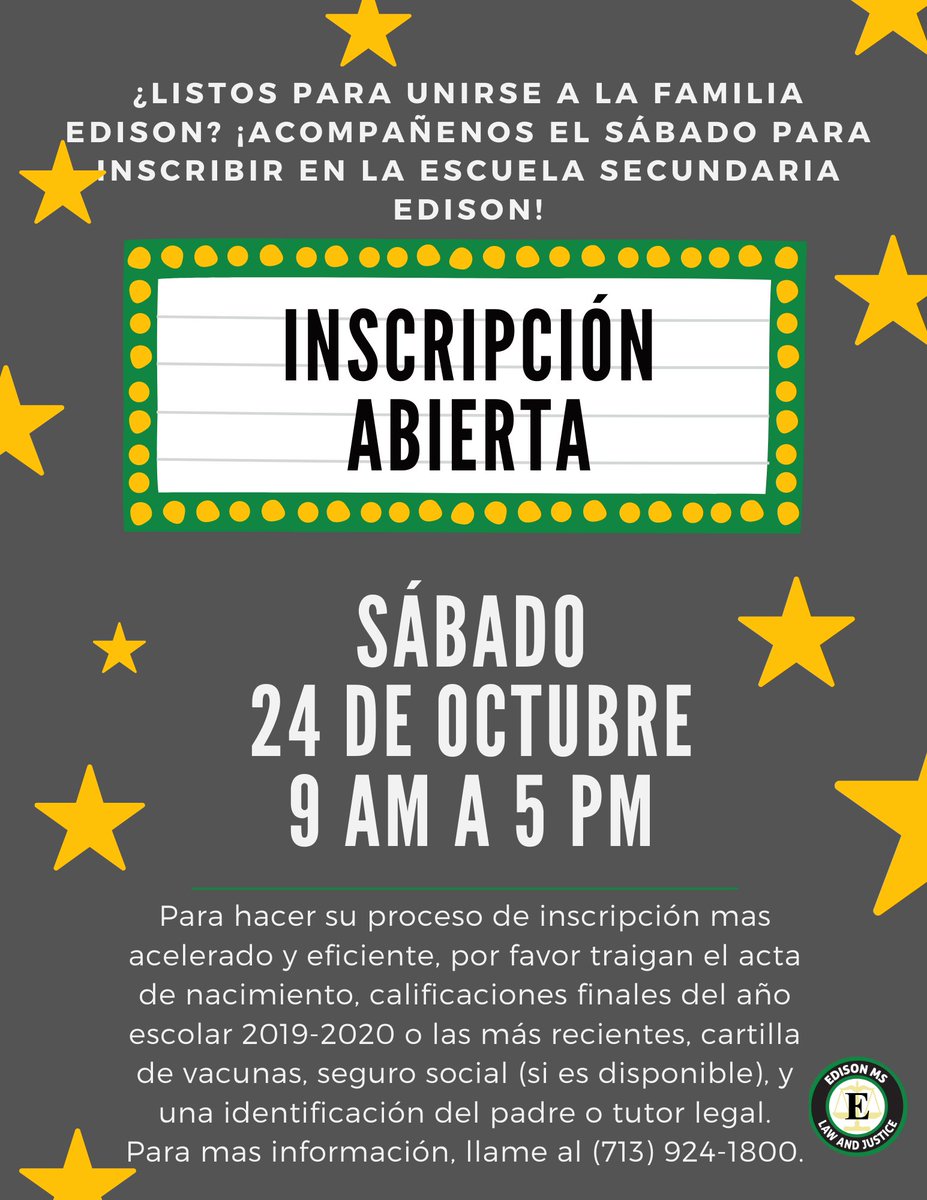 edison_school's tweet photo. ¿Listos para unirse a la familia Edison? ¡Acompañenos mañana para inscribir en la escuela secundaria Edison! #EdisonLightBulb #RangerPride @LopezprinciPAL @Ponce_East @HISDEastArea @kirsten_forgets https://t.co/yUCrWxomGE