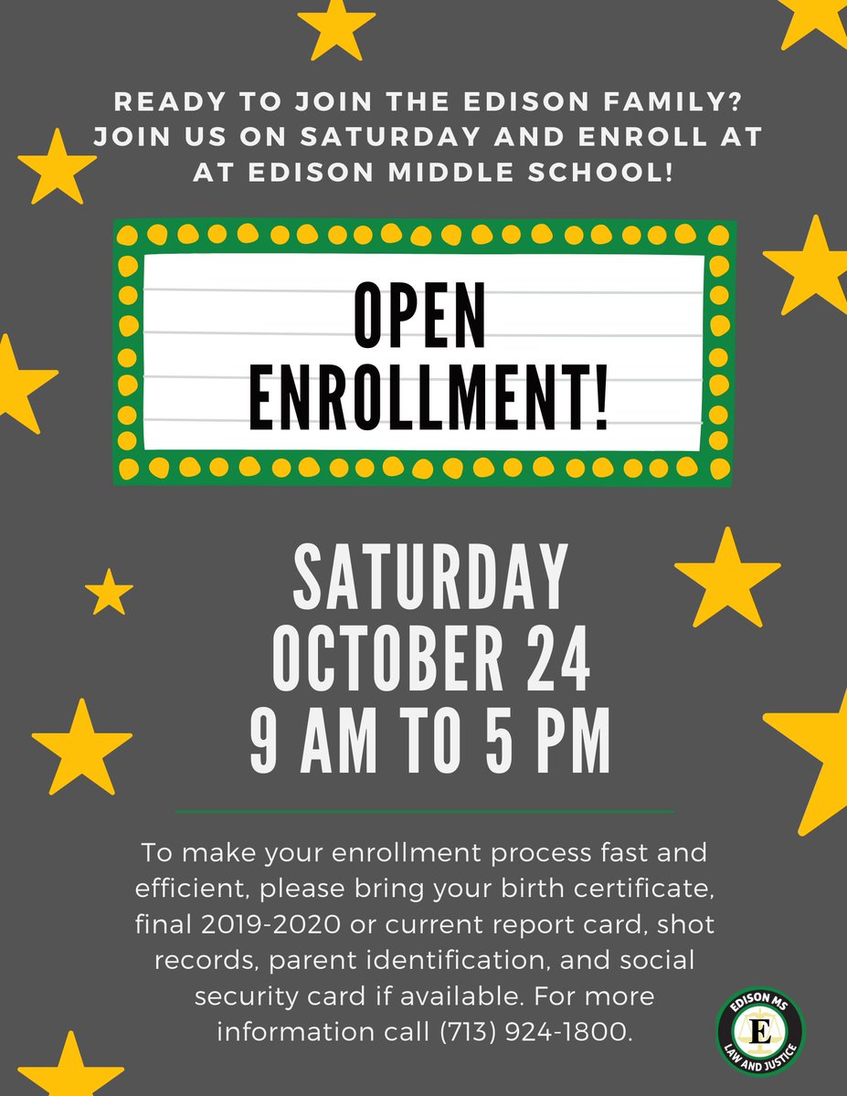edison_school's tweet photo. Are you ready to join the Edison family? Join us tomorrow, Saturday, October 24th, from 9 am to 5 pm for Open Enrollment! #EdisonLightBulb #RangerPride @kirsten_forgets @LopezprinciPAL @Ponce_East @HISDEastArea https://t.co/FHkRhl0K8V
