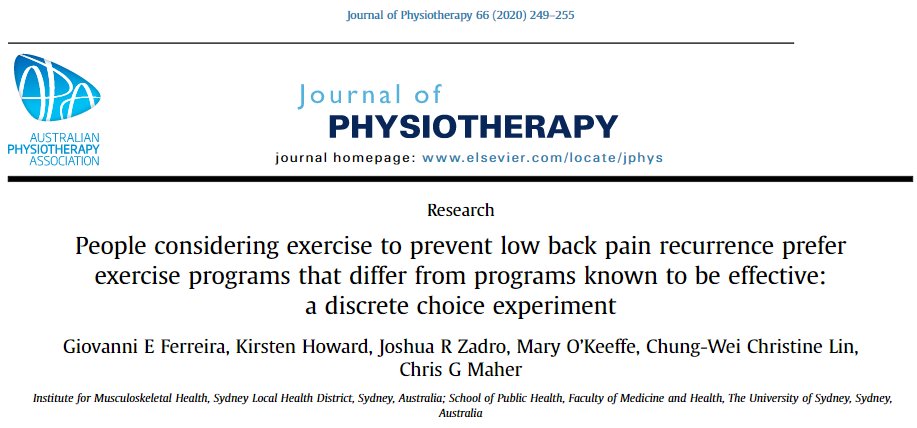 Just out in  @JPhysiother!We showed that people with history of low back pain are open to using exercise to prevent recurrence, but they tend to prefer programs that differ from those known to be effective https://www.sciencedirect.com/science/article/pii/S1836955320301065