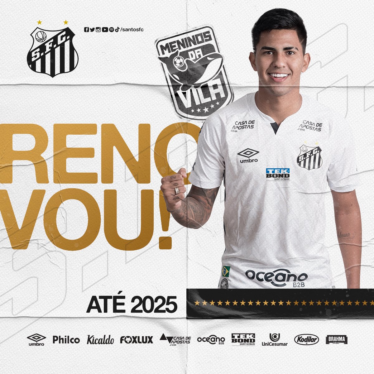 SantosFC's tweet photo. Nosso #MeninoDaVila Ivonei continuará vestindo o #MantoSagrado até julho de 2025! Vai pra cima deles! 👊🏻🐳 https://t.co/nvesM0lT6z