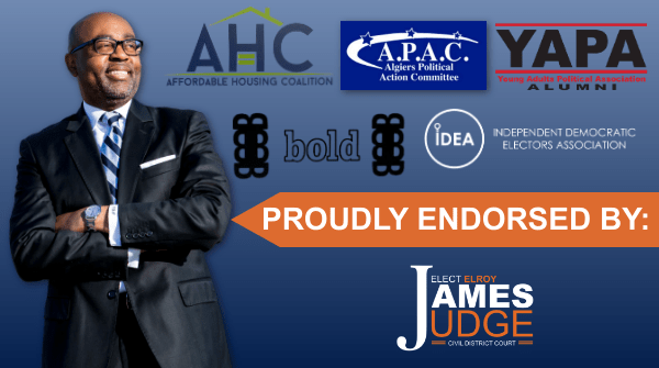 ElectElroyJames's tweet photo. Throughout this run, I have been honored to be endorsed by organizations that are working to restore faith in justice. As your next judge, I will continue to do upstanding work. #Vote #NewOrleans #NOLA #Judge https://t.co/hgsxypQLdI