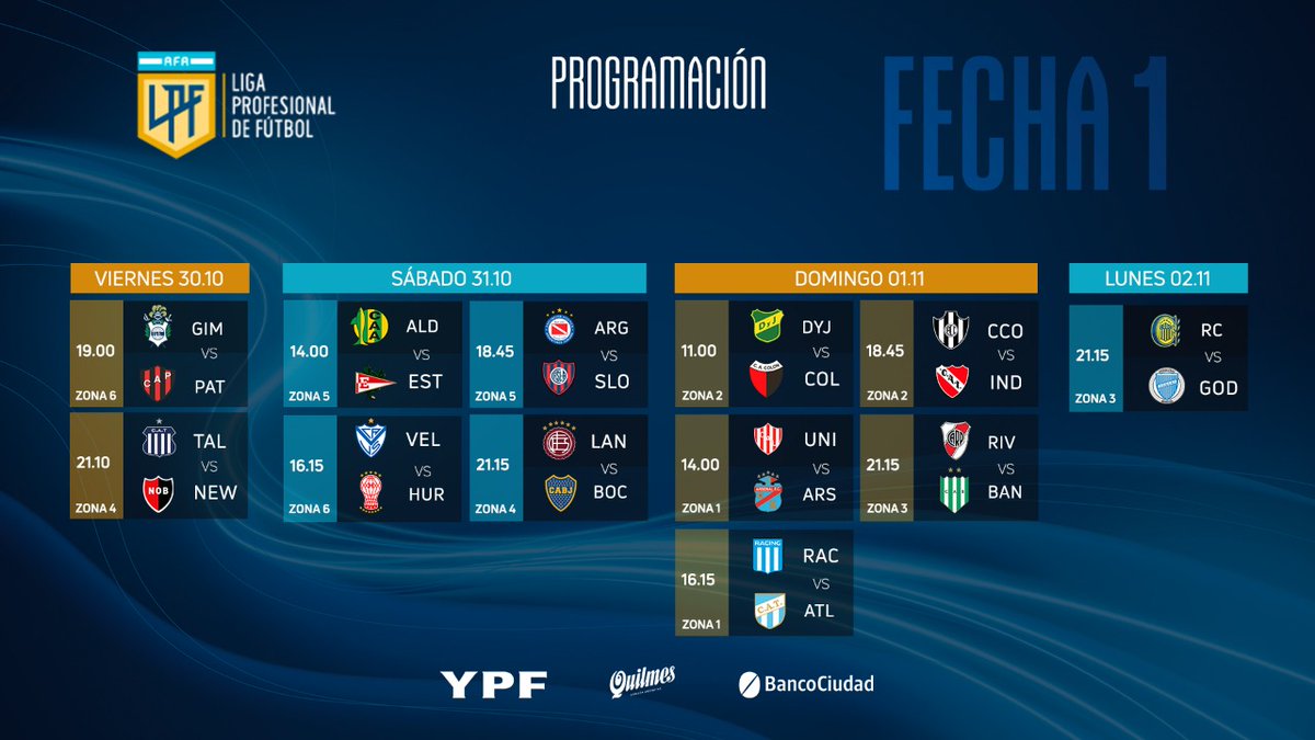 LigaAFA's tweet photo. ¡Ya falta menos! Estos son los días y horarios de la #Fecha1 de la #CopaLigaProfesional 🏆 Ahora sabés cuándo juega tu equipo 😍 ¡Éste es mejor plan para el próximo fin de semana! 👏👏 👉 https://t.co/4Veh6Z40GJ https://t.co/FJrKCQ6QED