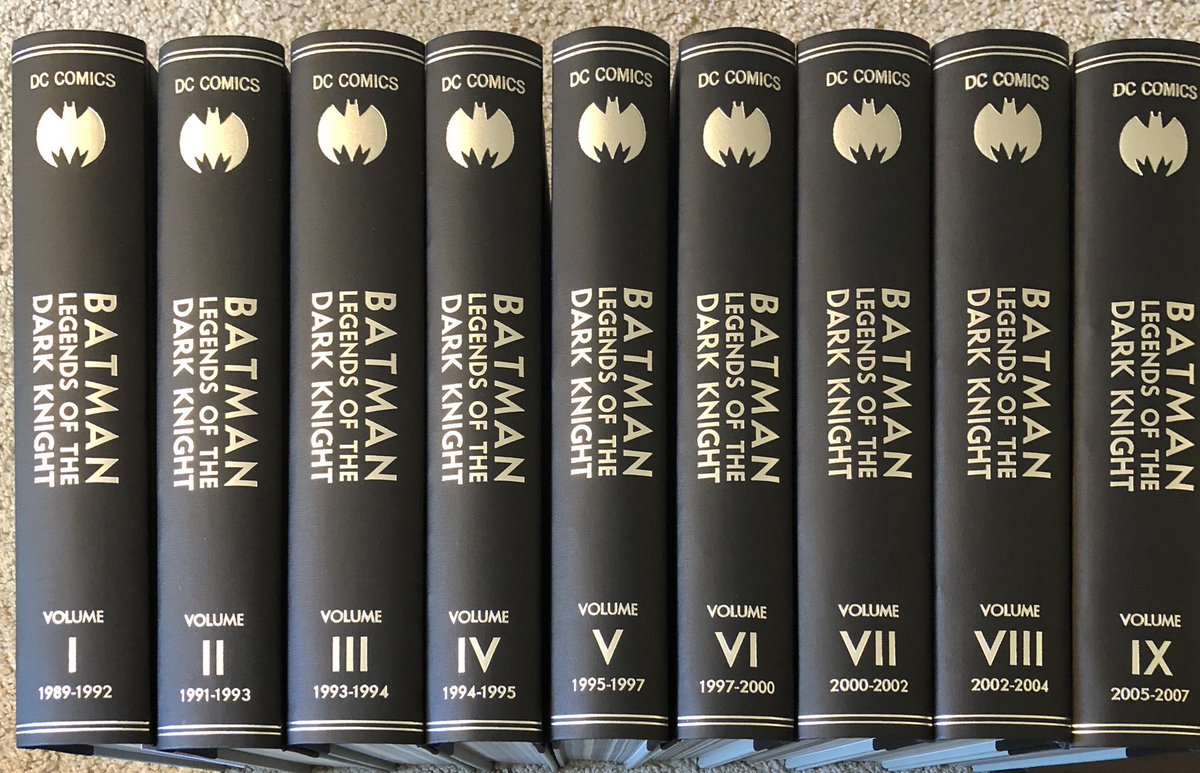 Here’s the complete Batman: Legends of the Dark Knight in 9 volumes. Did a half-bind for these with a custom stamp on the front.