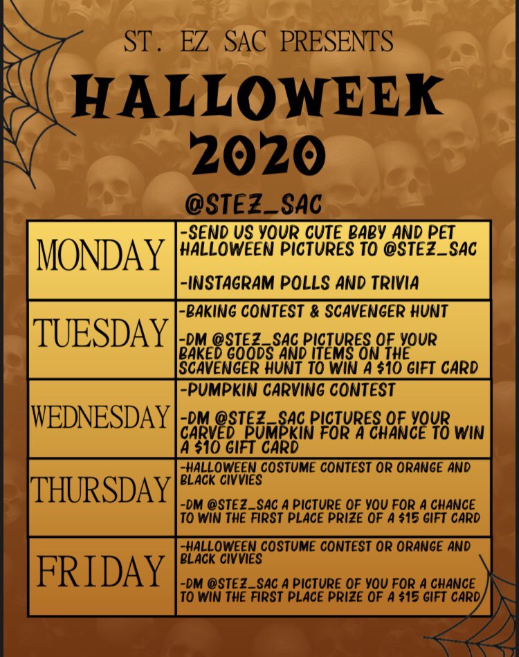 StEz_SAC's tweet photo. Hey Panthers! It’s that time of year- Halloweek 2020 is here!🎃 This week will be filled with lots of prizes and spooky activities that everyone can participate in!👻

On Monday, we’ll be posting all of your baby or pet Halloween photos so start sending those in!🕸 https://t.co/CCimWUWUZ6