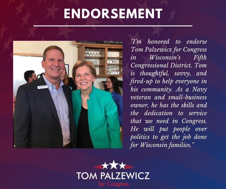 tomforwi's tweet photo. I’m very grateful for an endorsement from @ewarren! With her support, I will work to put Wisconsinites first if elected. https://t.co/PibZjmcWBU