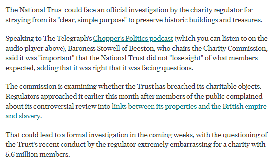 "It is not expected to become a statutory inquiry" reports the Daily Telegraph, in the 12th paragraph of its page 1 news splash, 'National Trust could face inquiry into its 'purpose'.