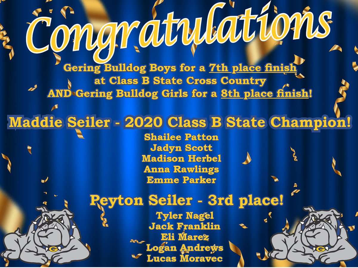 GeringBulldogs's tweet photo. Gering Cross Country had a great day! Congratulations to Maddie Seiler ... 2020 Class B State Champion! Also a big day for Peyton Seiler who had a 3rd place finish! #beBLUEandGOLD https://t.co/MHv0eIH2ES
