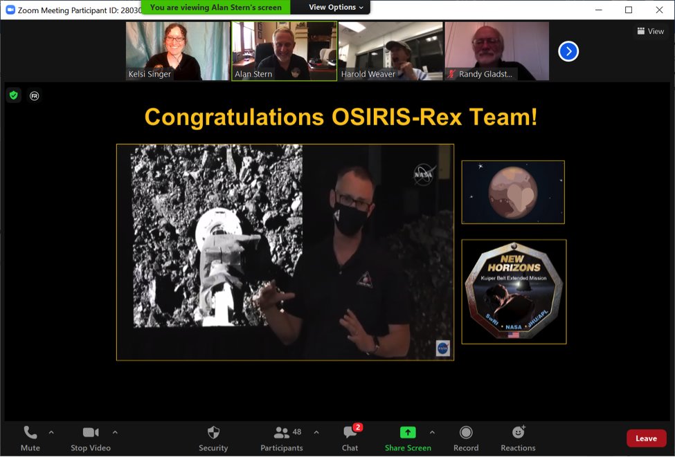 AlanStern's tweet photo. #PI_Daily Enormous congratulations &amp; admiration on the HUGE, HUGE asteroid #Bennu sampling success announced today to @OSIRISREx from the entire @New Horizons team! 

We took these pics at our team meeting today when we heard the news! #Science #Space Go @OSIRISREx!! Go @NASA!! https://t.co/s87pp117dn