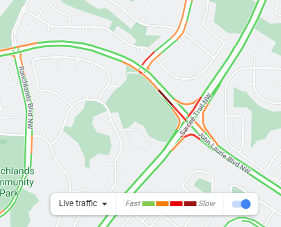 NewsRadioCGY's tweet image. #yyctraffic Crash on John Laurie at Sarcee NW, continues to #StackAndPack EB traffic.