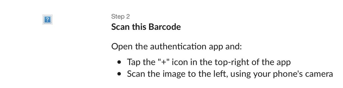 Instructions to scan a two-factor QR code next to a broken image icon.