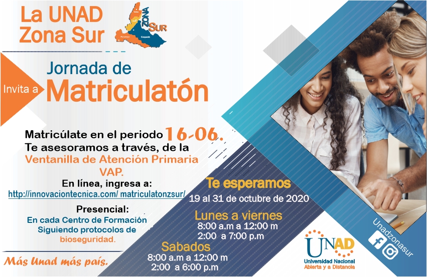 Gran Matriculatón 
<a href="/unadzonasur/">Unad Zona Sur</a>
 ingresa al enlace innovaciontecnica.com/matriculatonzs…… y pregunta cómo adelantar créditos, iniciar estudios superiores Homologa los estudios previos, aplica a los múltiples descuentos! Aprovecha esta gran oportunidad 
@unadibague
  Unad Cead Ibagué