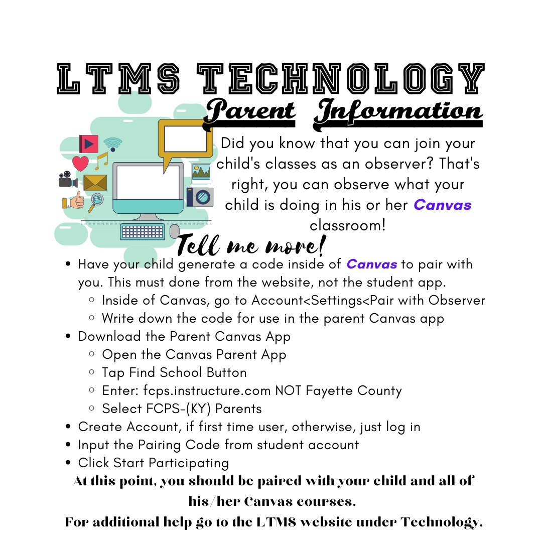 fcps_ltms's tweet photo. Parents: if you are struggling with monitoring the work done  in your child's class, you may want to join Canvas as an observer. See the directions in our infographic below. For more help, check out our LTMS website under Technology or here: https://t.co/VfPO53TTfJ. https://t.co/jBScxb5z9X