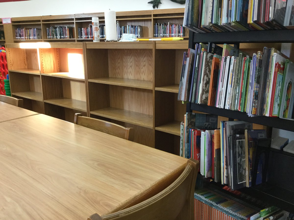 DCMSMediaCenter's tweet photo. The shelves are getting the royal treatment! ๐ Iโm pulling all the books off and evaluating them for copyright date, condition, & number of circulations. The shelves are also getting dusted and polished. @DutchmanCreekMS @RHSD_LMS #LibraryWorkout #MediaCenterMakeover https://t.co/TplXmBr5jd