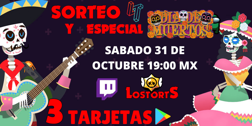 🎁SORTEO Y ESPECIAL DIA DE MUERTOS💀
🤑3 TARJETAS $100 MX💰

⚠️REQUISITOS⚠️
🔵SEGUIRNOS <a href="/LosTorts/">Los Torts Clash Royale</a> 
🟣FOLLOW EN TWITCH twitch.tv/lostorts
🔁RT ❤️FAV Y @ ETIQUETAR 2 PERSONAS

🏆3 GANADORES EN VIVO🏆
🗓️TERMINA 31/10/2020🗓️
🔥NO SE LO PIERDAN! 💀🔥