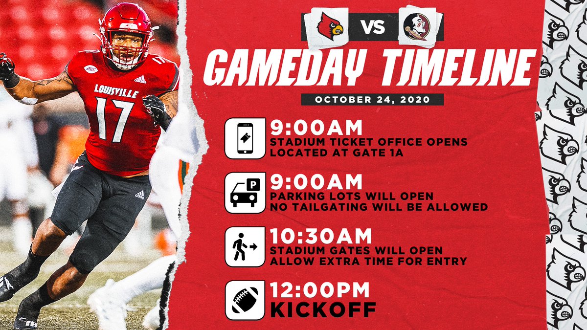Get your gameday schedule set as @UofLFootball preps for tomorrow's showdown with Florida State.
Tickets: https://t.co/1S0GMm52eN
Details: https://t.co/bAWReI75Nl
#GoCards | #BeatFSU https://t.co/bX8O7sx0oR