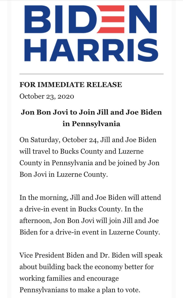 newsguyusa's tweet photo. “Jon Bon Jovi will join Jill and Joe Biden for a drive-in event in Luzerne County,” #Pennsylvania on Saturday, according to the @JoeBiden campaign. https://t.co/QjeJ2tbhxp