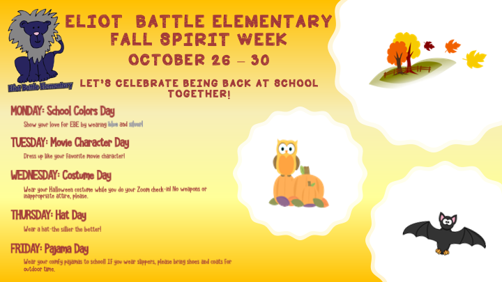 DrKyraYung's tweet photo. Fall Spirit Week hosted by our PTA will be held next week!  #EBELionPRIDE #CPSBest https://t.co/f3K5vKKqe6