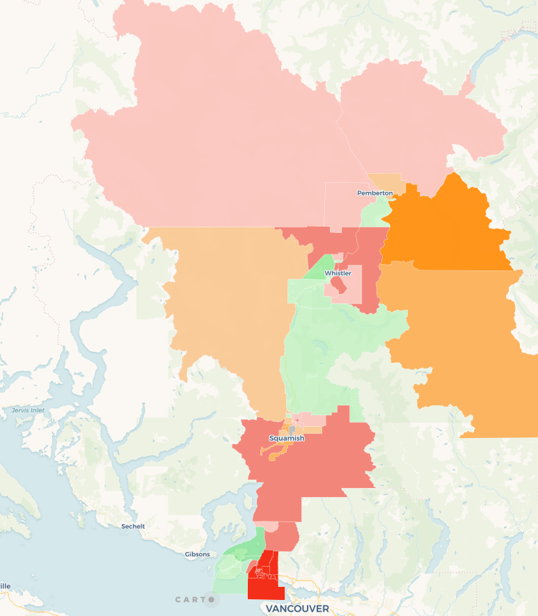 West Vancouver Sea-to-Sky is definitely the most colourful map so far, and also the most interesting. West Van solidly red, the rest, not so much. You can see why the  @BCGreens are hopeful here.  #bcvotes https://taracarman.carto.com/builder/dc45ac27-f93f-404d-9247-5c83fa741dda/embed