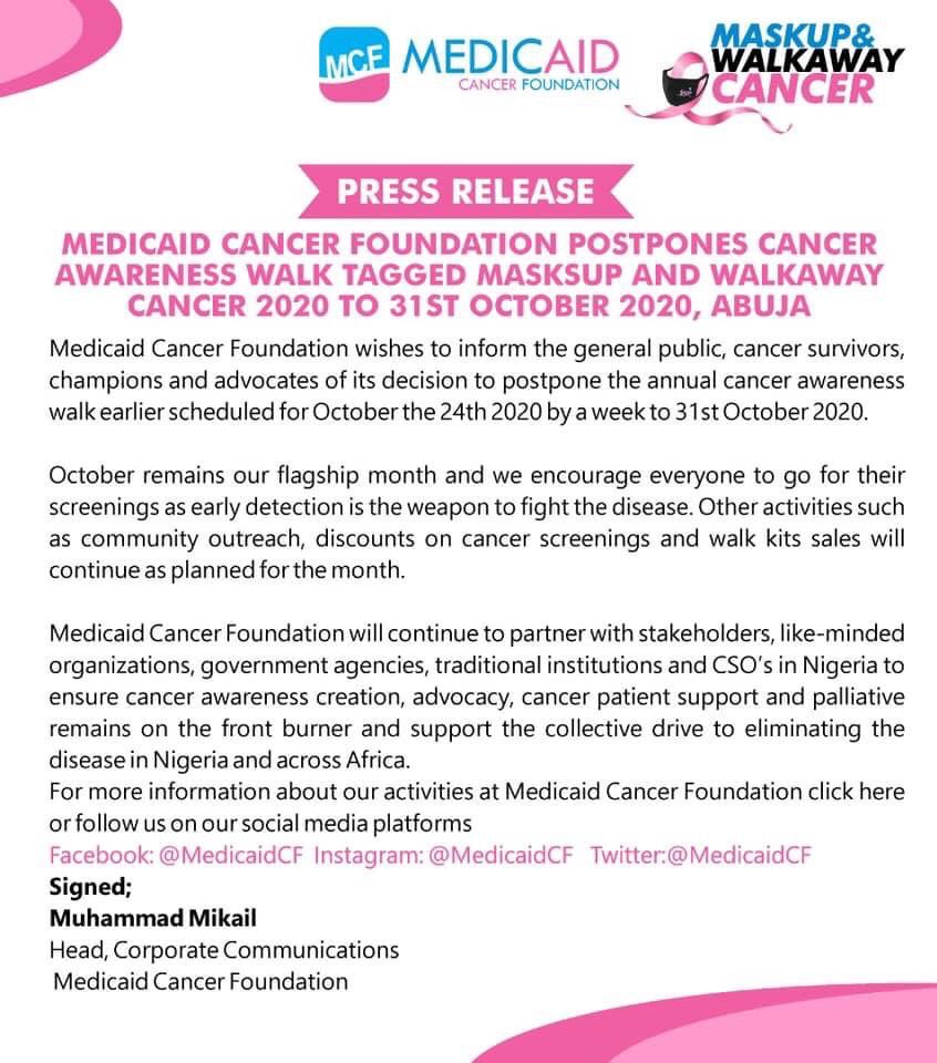Sadiq_Maiyaki's tweet photo. It’s Happening!! The Biggest #Cancer Awareness walk in Nigeria, Don’t Forget, Time is not waiting for you, Grab your Kit #DonateForCancer ,Mask up and Join the Humanitarian Founder of Medicaid @DrZSB on 31st October 2020. To
#AwarenessForCancer📢
#WalkAwayCancerNG
#CancerFree https://t.co/aTXHVgpIB3