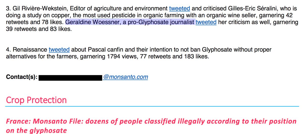Nous avons aussi découvert le fichage secrètement organisé par Monsanto. Révélation qui a provoqué des excuses de Bayer et une enquête préliminaireJ'ignore si vous-même avez porté plainte pour avoir été cataloguée "journaliste pro-glyphosate" par Monsanto  https://bit.ly/34neBOj 