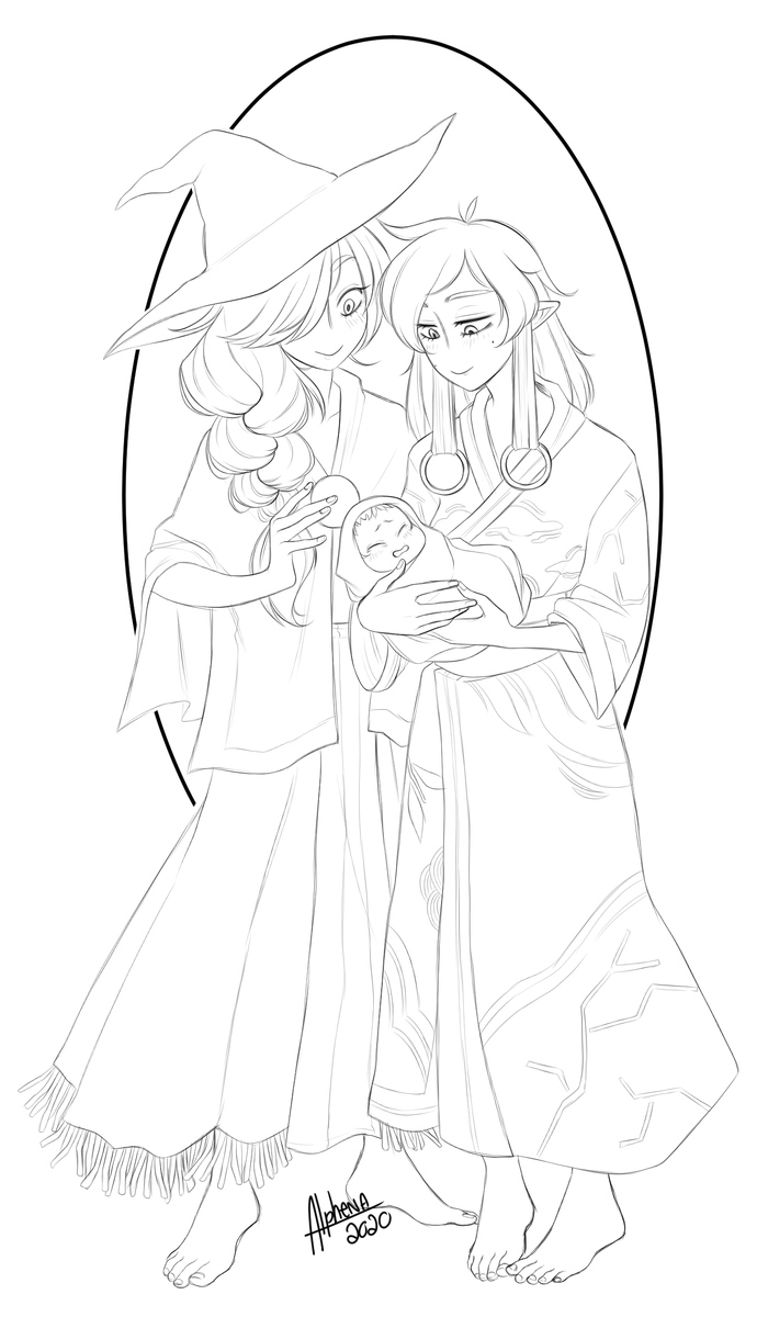 Commission for @Faeron93 of his two witch mom OCs and baby Noire! 