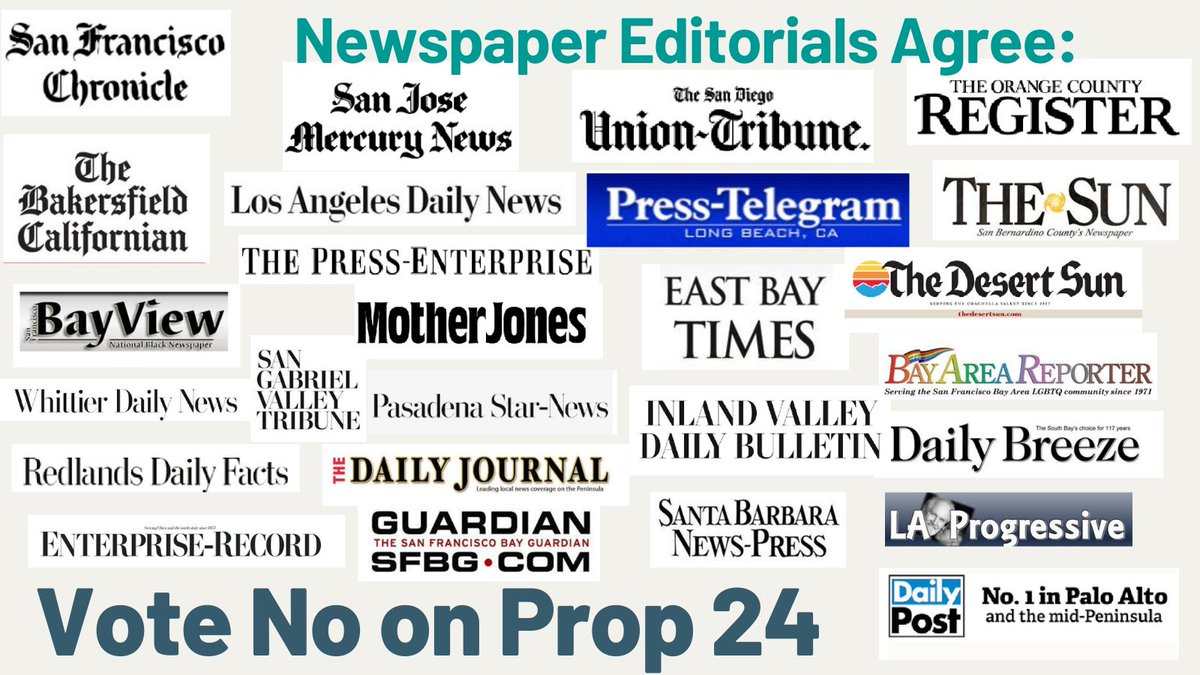 OnlinePrivacyCA's tweet photo. Two dozen newspaper editorials agree: Vote No on Proposition 24. It reduces our privacy rights. #Prop24 #NoOnProp24. https://t.co/DVfLNO4EPR