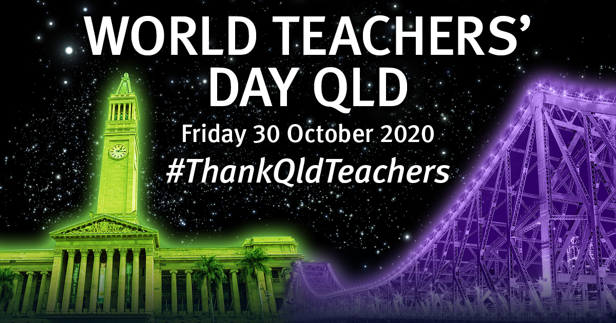 QLDEducation's tweet photo. We’ve joined forces with regional councils to light up some of Qld’s landmarks in blue, purple & green for World Teachers' Day 🎉. Check out the link for dates & locations, 📸 snap a selfie at the light up & share your photo using #ThankQldTeachers. https://t.co/86LxZk05Vy https://t.co/WrmHr3mUh0