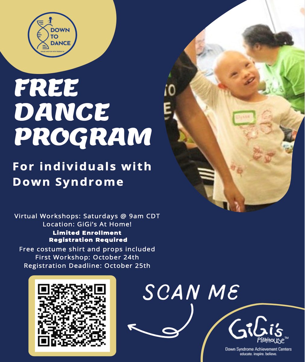 GiGisGNV's tweet photo. Hi! 👋🏻👋🏼👋🏽👋🏾👋🏿 Down to Dance has teamed up with GiGi's Playhouse's at Home program to offer a FREE virtual dance program for individuals with Down syndrome. 💃🕺Their first workshop is this Saturday at 10am EST! Scan the QR code on the graphic to register !! https://t.co/r6MuWgHxT3