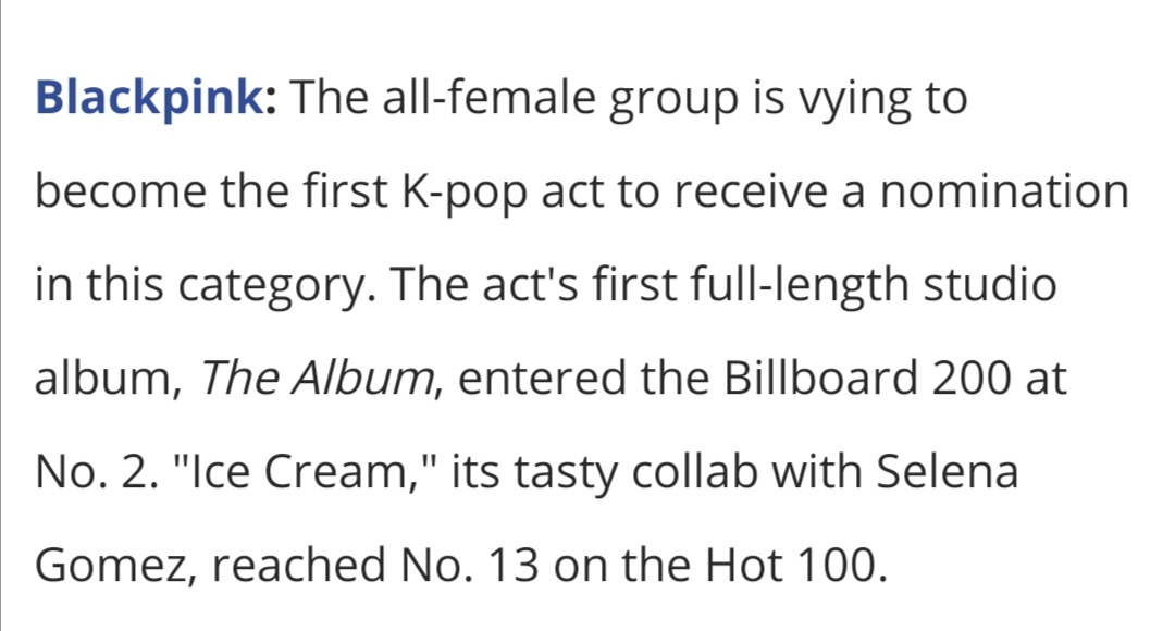 USBU4WAYS's tweet photo. [ARTICLE] @BLACKPINK is one of the 25 acts that appear to have the best chance of being nominated this year for ‘Best New Artist’ at the 2021 GRAMMYs, according to Billboard. 

🔗https://t.co/rNjuAhs95l

#IceCream #TheMusicVideo #PCAs https://t.co/zAMv0Hjkdv