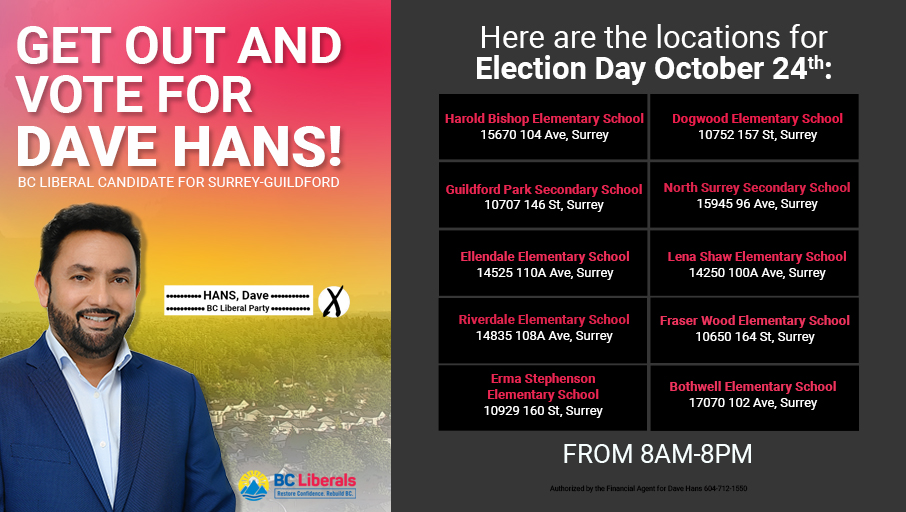 DaveHans29's tweet photo. Tomorrow, please get out and vote for Dave Hans in #SurreyBC-Guildford!

#bcpoli #BCelxn2020 #bcelection2020 https://t.co/W7MDzEzn8N
