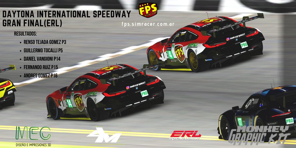 FPS_Racing_Team's tweet photo. ¡FINISH! @eRacingLeagueMx
¡Felicitaciones a nuestros pilotos!
@RensoTG P3
Guillermo Tejada P5
@Dvangioni P14
@NandoRuiz13 P15
@AndresGomez293 P16
Sponsors:
#Mec3D
#AM_ePhotography
#MonekyGraphicKit
#VamosFPS https://t.co/34QtyIG01v