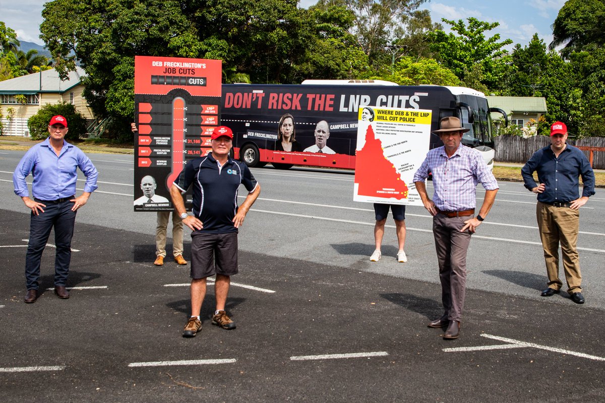 GlennButcherMP's tweet photo. Joined the Cuts Bus in Cairns this morning. The choice this election is clear - jobs, stability and an economic plan for Queensland's future under @AnnastaciaMP or reckless cuts and chaos under Deb Frecklington and the LNP. #jobsnotcuts #qldsvotes @MarkRyanQLD https://t.co/fXt7r2bkNj
