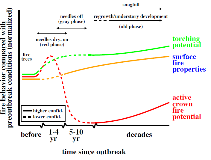 3/7 Good framework for this Q provided by Jeff Hicke et al., who divide post-MPB stands into 3 categories: red, grey, and old phase. Based on changes in canopy and surface fuels, each phase has diff. expected impacts on behavior.  https://www.sciencedirect.com/science/article/pii/S0378112712000746