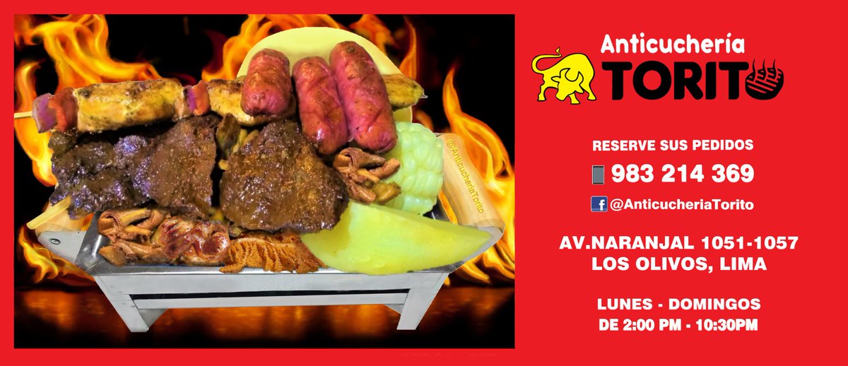 AnticuchoTorito's tweet photo. Anticuchería Torito les brinda los más deliciosos #Anticuchos y parrillas de Los Olivos, Lima Norte. 🇵🇪
Rachi, pancita, pollo a la parrilla y más. Todo acompañado con papa, choclo y cremas.🔥🍖
¡Nos vemos pronto!🤣
#limafood #restaurante #Lima #AnticuchoTorito #AnticucheriaTorito https://t.co/Q6W9XwTPEw