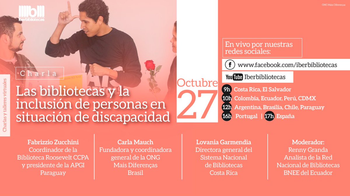 IBERBIBLIOTECA's tweet photo. 🗣️Bibliotecarias y bibliotecarios de Iberoamérica, el martes 2⃣7⃣ de octubre se realizará nuestra próxima charla.
👩‍🏫Las bibliotecas y la inclusión de personas en situación de discapacidad
⏰
9h 🇨🇷🇸🇻| 10h 🇨🇴🇪🇨🇲🇽🇵🇪| 12h 🇦🇷🇧🇷🇨🇱🇵🇾| 16h 🇵🇹| 17h 🇪🇸
🔴#EnVivo por nuestras redes sociales https://t.co/RPDytYZH63