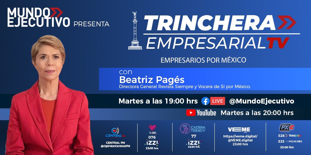 ¡La próxima semana en #TrincheraEmpresarialTV tendremos una invitada muy especial!📺
Acompaña a @PagesBeatriz, directora de @Siempre_revista, en nuestra charla.
📌 Martes 27 de octubre
⏰ 19:00 horas
¡Por #FacebookLive! 👉🏻 https://t.co/l1xmT8p5Fl https://t.co/veITX6tYcX