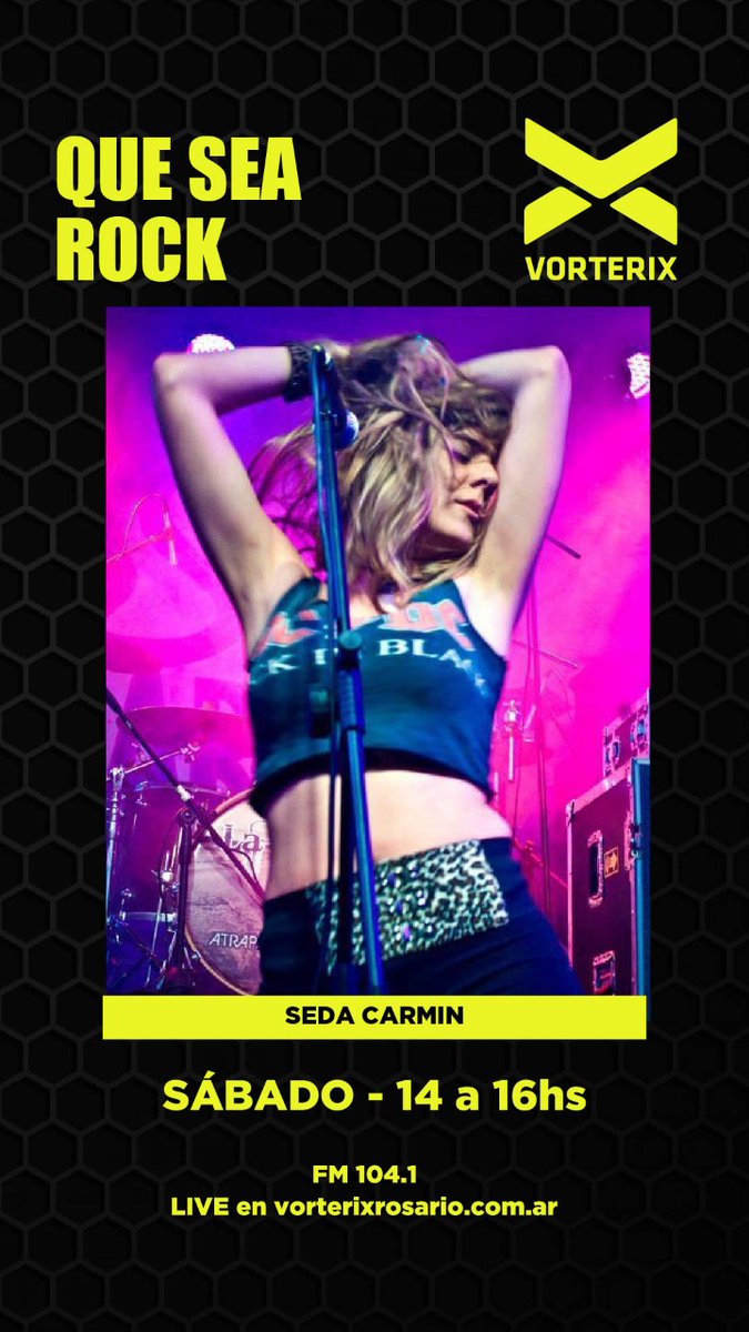 Sábado de ROCK 🤘
🎧 Esté sábado en @RosarioVorterix, se presenta la banda <a href="/sedacarmin/">SEDA CARMIN ROCK</a>.
Oriunda del barrio de Lugano (Bs.As). Vamos a conectarnos desde QSR con su voz lider!
De 14:00 a 16:00 hs.
📲 vorterixrosario.com.ar
📻 104.1 FM 
📽️ Facebook: Que Sea RockFM