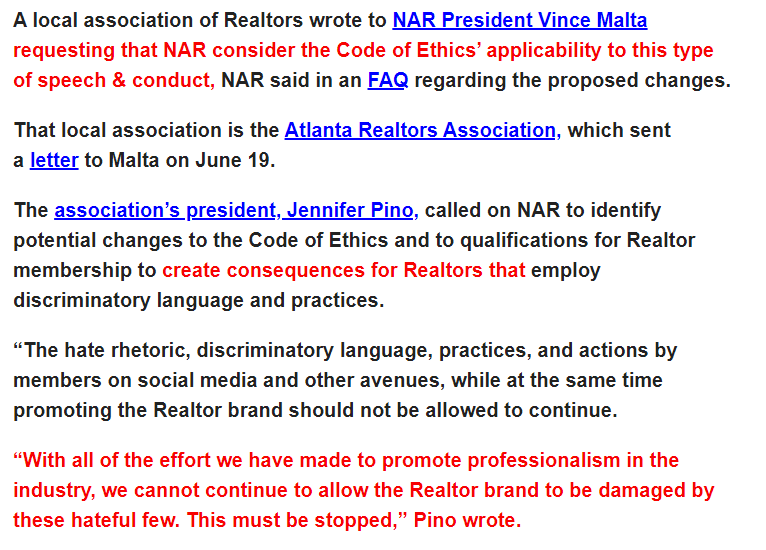 Speech deemed hateful when made by realtors on their social media (or anywhere else in their lives) "should not be allowed to continue" and "must be stopped" because all realtors are guilty by association with a "hateful few."Who determines "hateful speech" now, though?