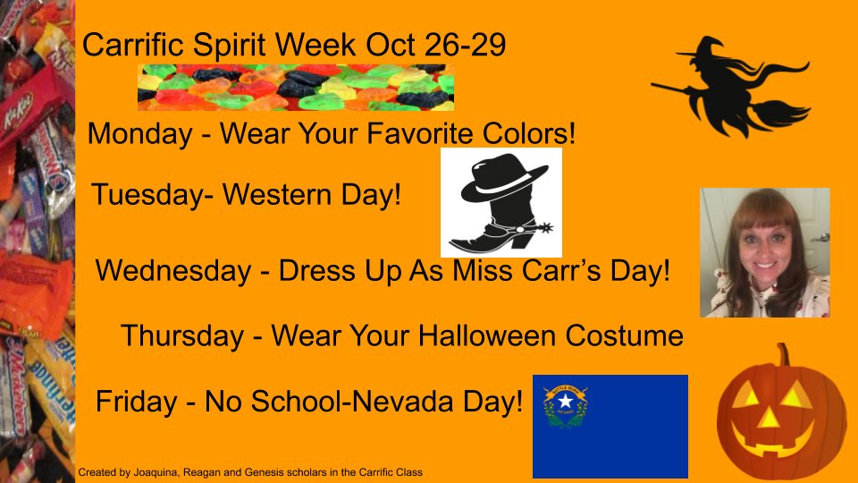 carr_8's tweet photo. It is Recap Friday for my Carrific families! In my class, it is Feedback Friday. Based on their ideas, we decided to have spirit week next week. They picked and voted on each dress up day as a class. #StudentVoice
Recap for the families 👉🏼 https://t.co/23HOwelCrE https://t.co/vl2FenOcHk