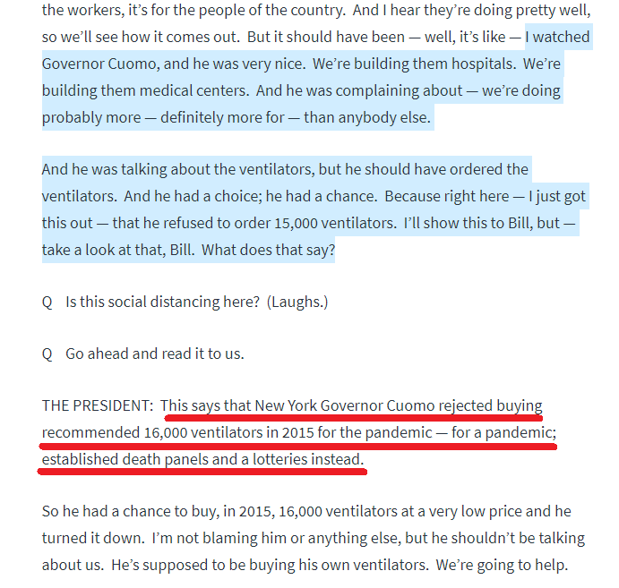 Governors are in charge of their state ~ including being prepared for national & natural emergencies. States like California and NY decided it was cheaper to close hospitals and sell off PPE and ventilators. https://whitehouse.gov/briefings-statements/remarks-president-trump-vice-president-pence-members-coronavirus-task-force-fox-news-virtual-town-hall/?utm_source=twitter via  @whitehouse