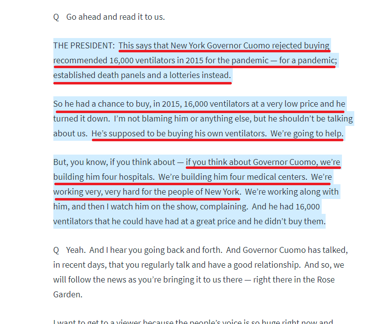 Governors are in charge of their state ~ including being prepared for national & natural emergencies. States like California and NY decided it was cheaper to close hospitals and sell off PPE and ventilators. https://whitehouse.gov/briefings-statements/remarks-president-trump-vice-president-pence-members-coronavirus-task-force-fox-news-virtual-town-hall/?utm_source=twitter via  @whitehouse