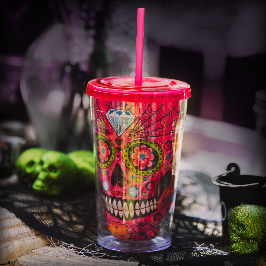 Cool Gear, Dining, Cool Gear Skull Tumbler Insulated Travel Drink Cup Lid  Orange Halloween