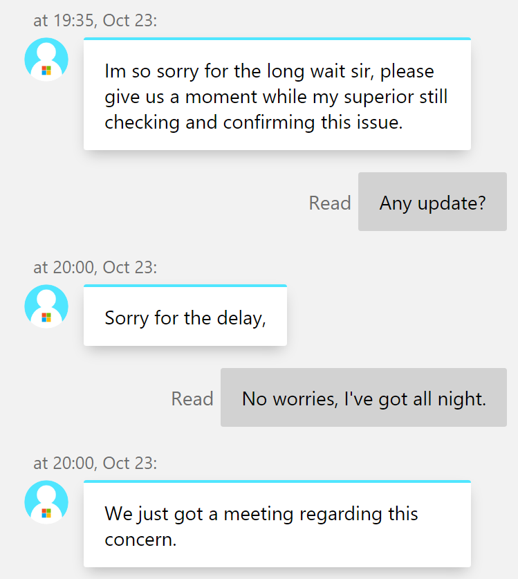 BradGroux's tweet image. Update on my little #SurfaceDuo @MicrosoftStore price difference/return debacle. I've been on "chat hold" for a bit. Apparently, the #Microsoft store support have had a meeting in regards to my complaints. I told them I'm here all night. Will keep you posted.