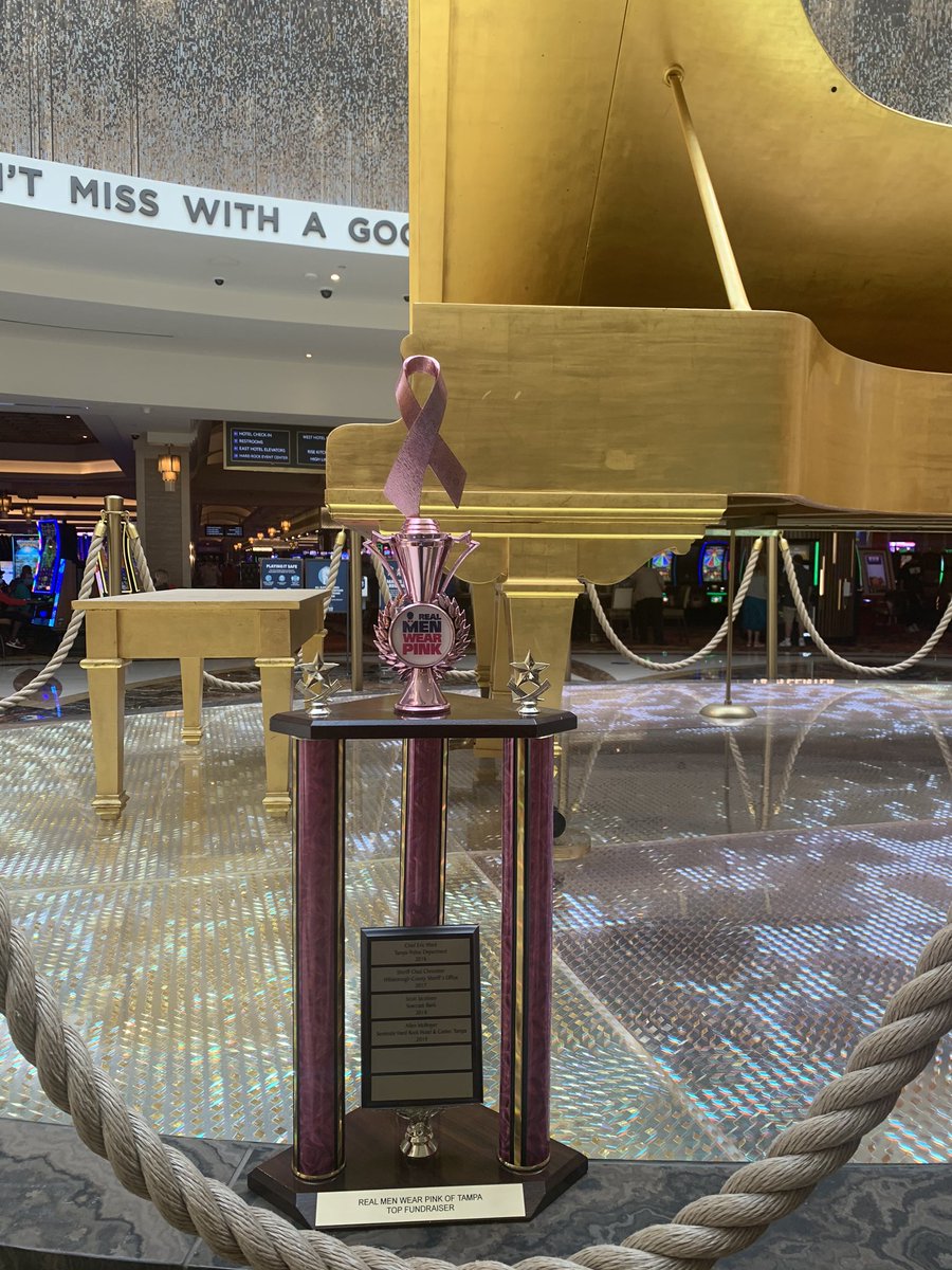 HardRockAllen's tweet photo. Good Luck to all Tampa Bay #RealMenWearPink participants for this year.  The trophy has been safe and sound @SHRTampa. It has now been returned to Mallory McLean  @AmericanCancer #BreastCancerAwarenessMonth @TampaStrides 
The plaque awaits the name of this year’s #1 fundraiser. https://t.co/72895W9970