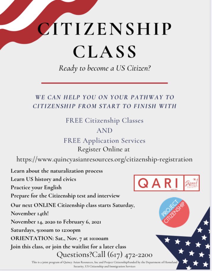 QARI’s next FREE Citizenship class starts November 14th!  Register NOW at quincyasianresources.org/citizenship-re… #Citizenship #onlinelearning #empoweringimmigrants